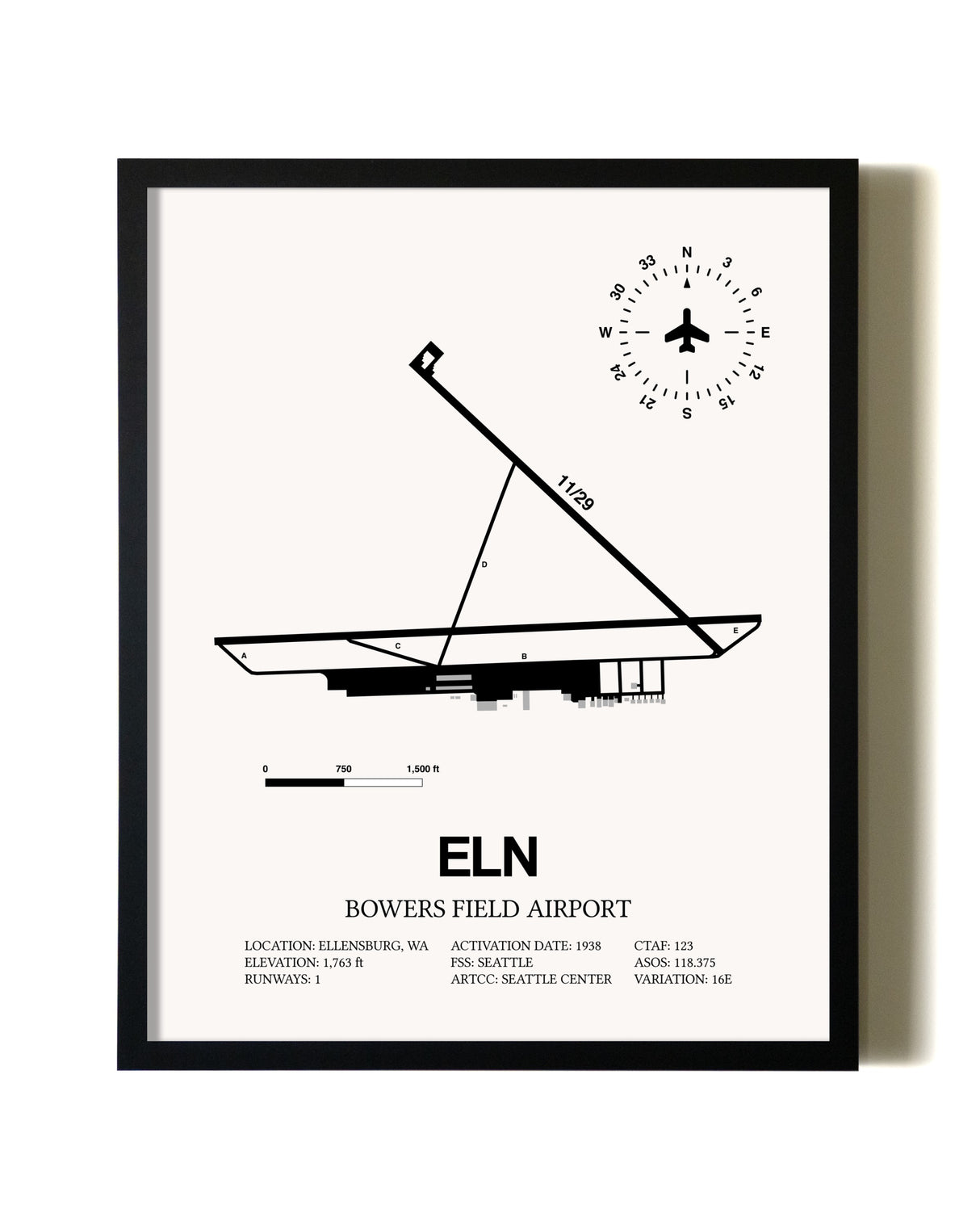 Framed Bowers Field Airport wall art poster in black frame