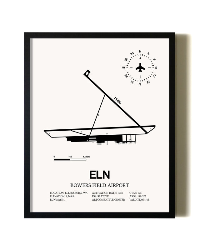 Framed Bowers Field Airport wall art poster in black frame