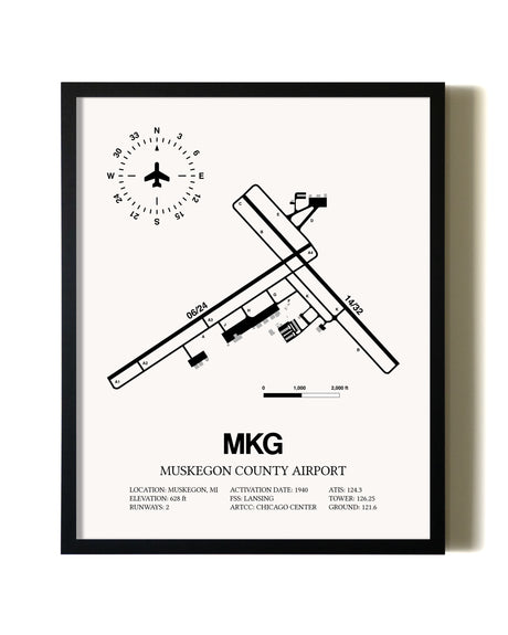 Framed Muskegon County Airport wall art poster in black frame