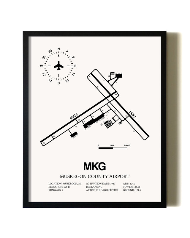 Framed Muskegon County Airport wall art poster in black frame