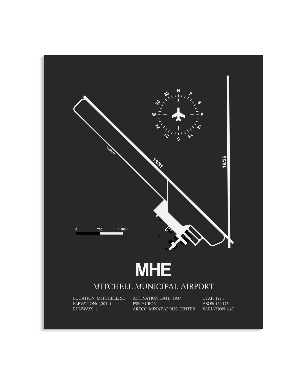 Gray Framed Mitchell Municipal Airport layout wall art poster
