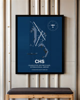 Charleston Air Force Base/International Airport framed poster displayed in an airplane hangar