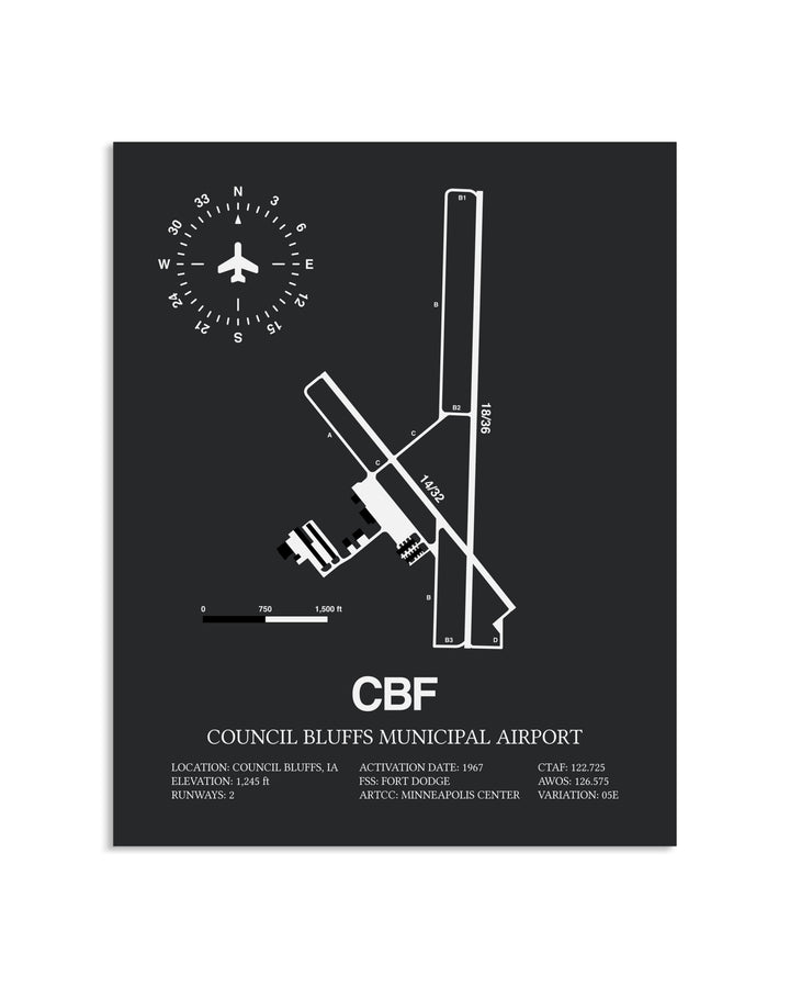 Gray Framed Council Bluffs Municipal Airport layout wall art poster