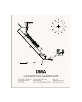Gray Davis Monthan Air Force Base framed poster displayed in an airplane hangar