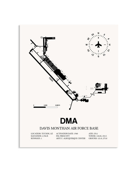 Gray Davis Monthan Air Force Base framed poster displayed in an airplane hangar