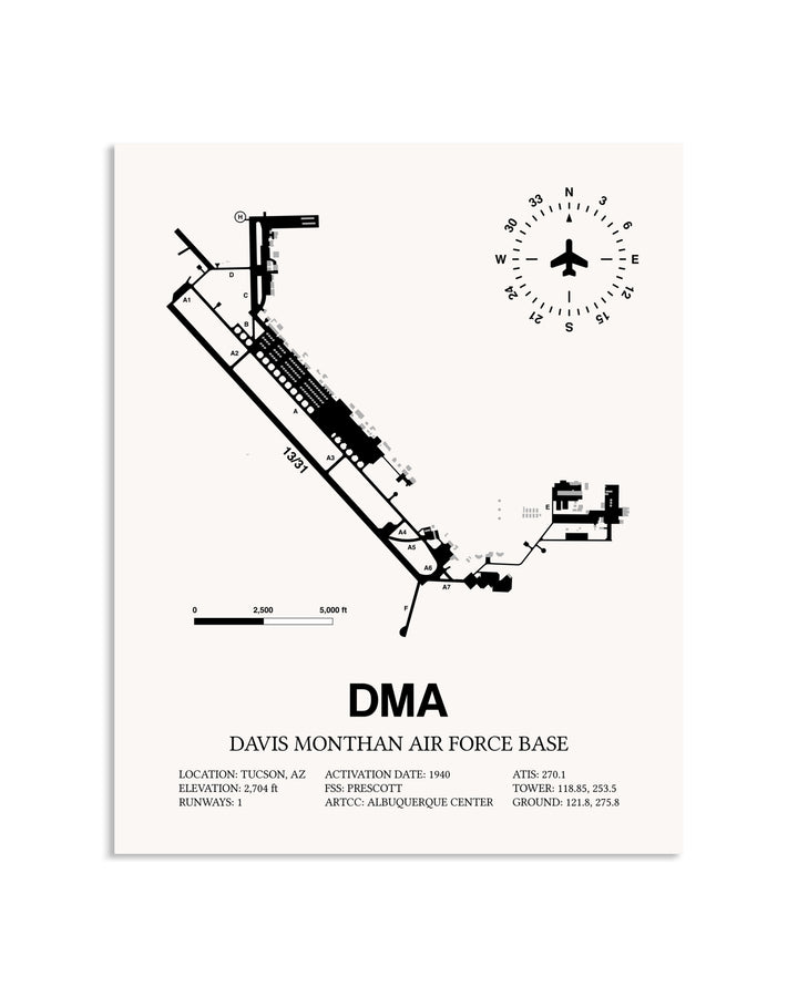 Gray Davis Monthan Air Force Base framed poster displayed in an airplane hangar