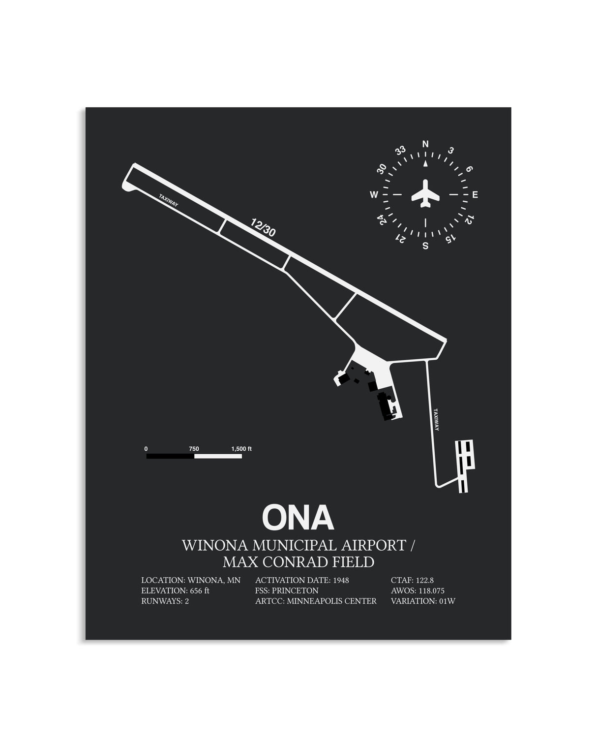 Gray Framed Winona Municipal Airport / Max Conrad Field layout wall art poster