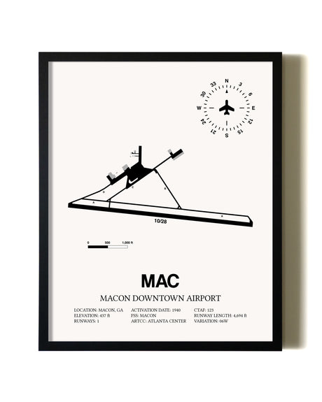 Framed Macon Downtown Airport wall art poster in black frame