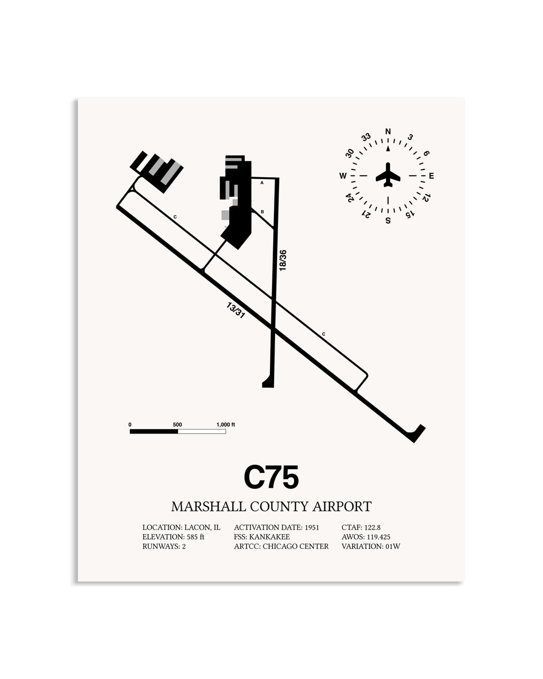 Gray Marshall County Airport framed poster displayed in an airplane hangar