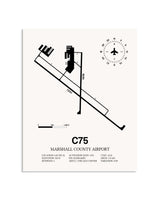 Gray Marshall County Airport framed poster displayed in an airplane hangar
