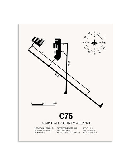 Gray Marshall County Airport framed poster displayed in an airplane hangar
