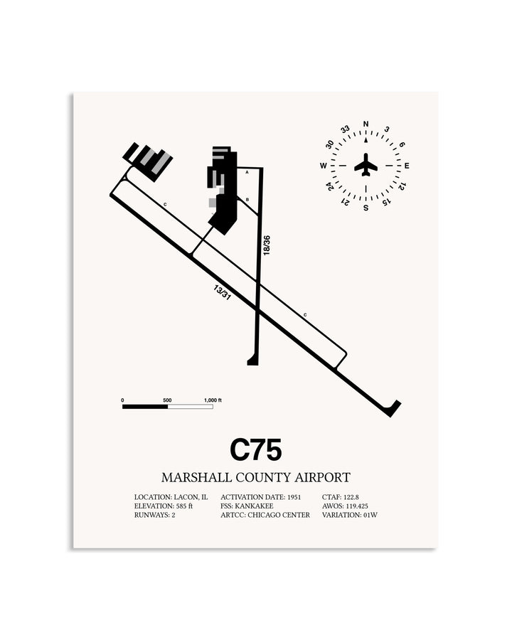 Gray Marshall County Airport framed poster displayed in an airplane hangar