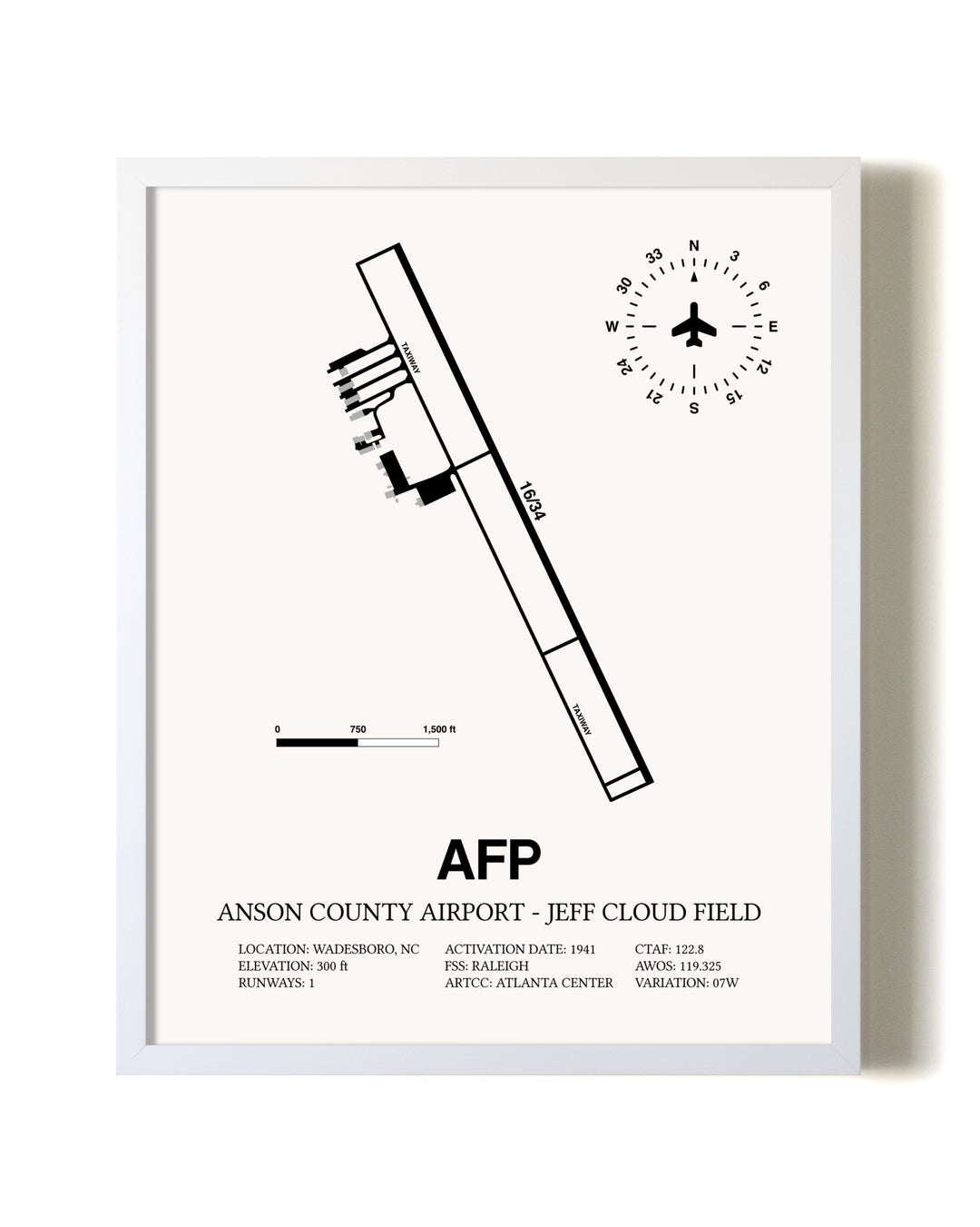 Anson County Airport - Jeff Cloud Field airport map poster in oak frame