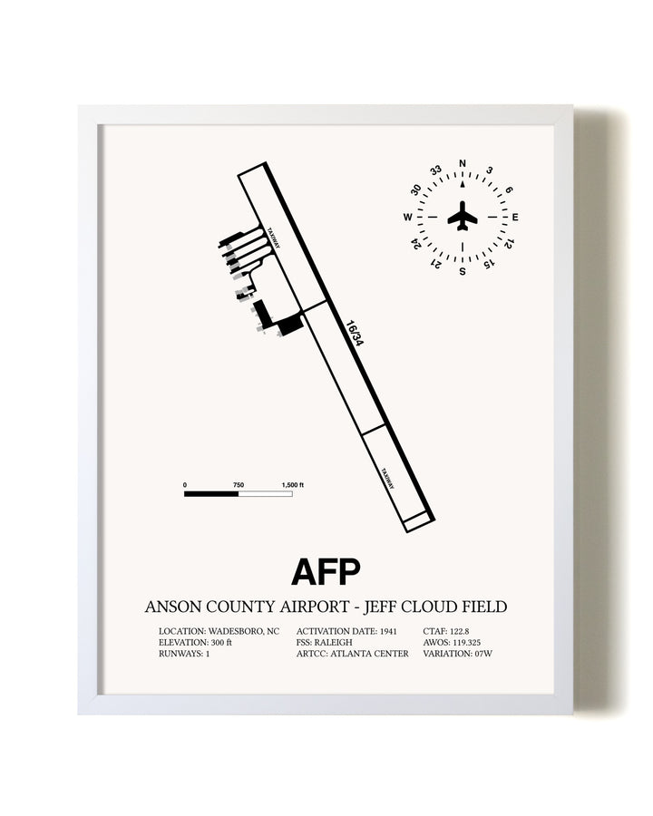 Anson County Airport - Jeff Cloud Field airport map poster in oak frame