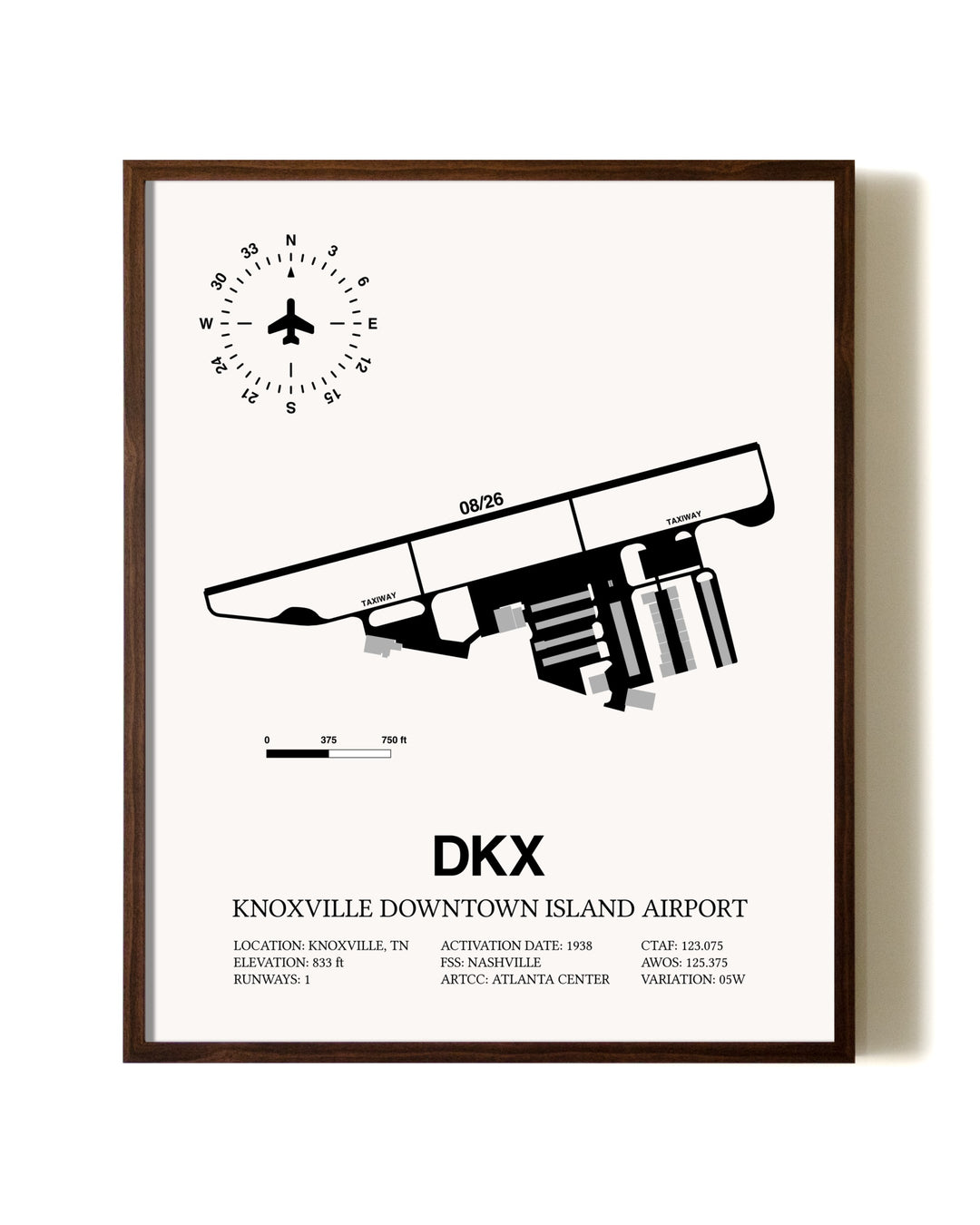 Knoxville Downtown Island Airport aviation print in walnut frame