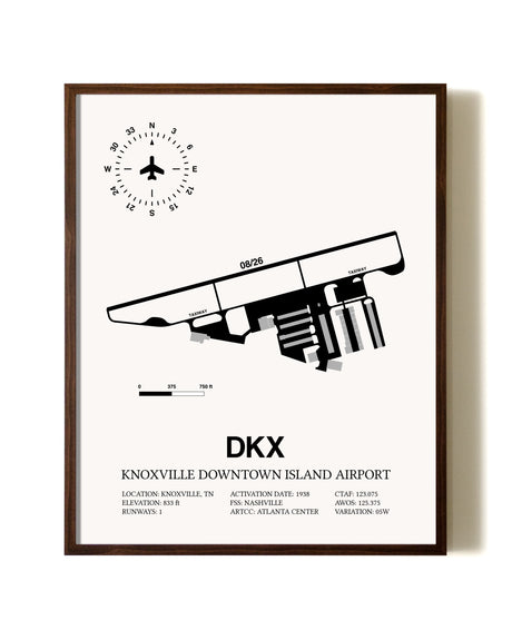 Knoxville Downtown Island Airport aviation print in walnut frame