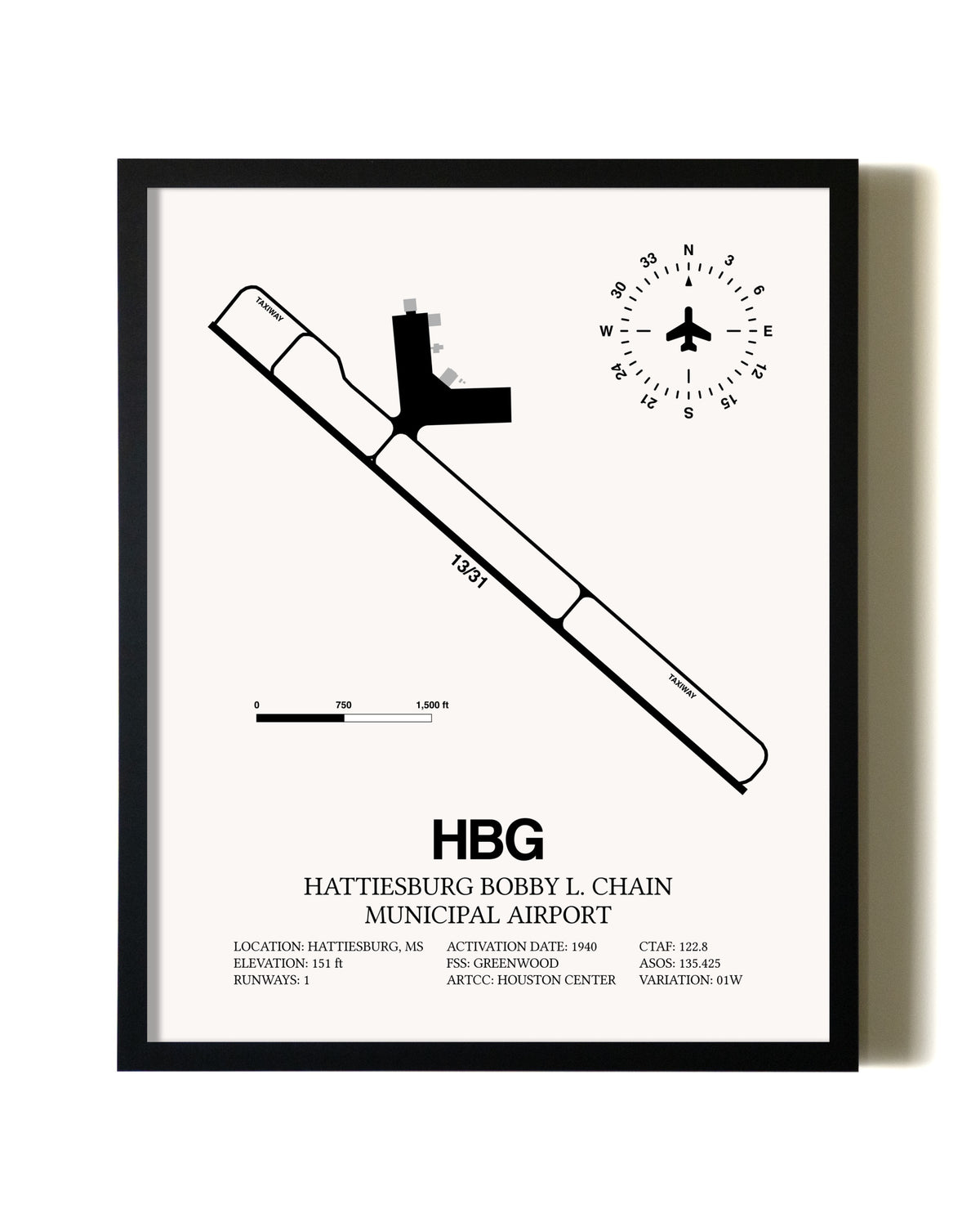 Framed Hattiesburg Bobby L. Chain Municipal Airport wall art poster in black frame
