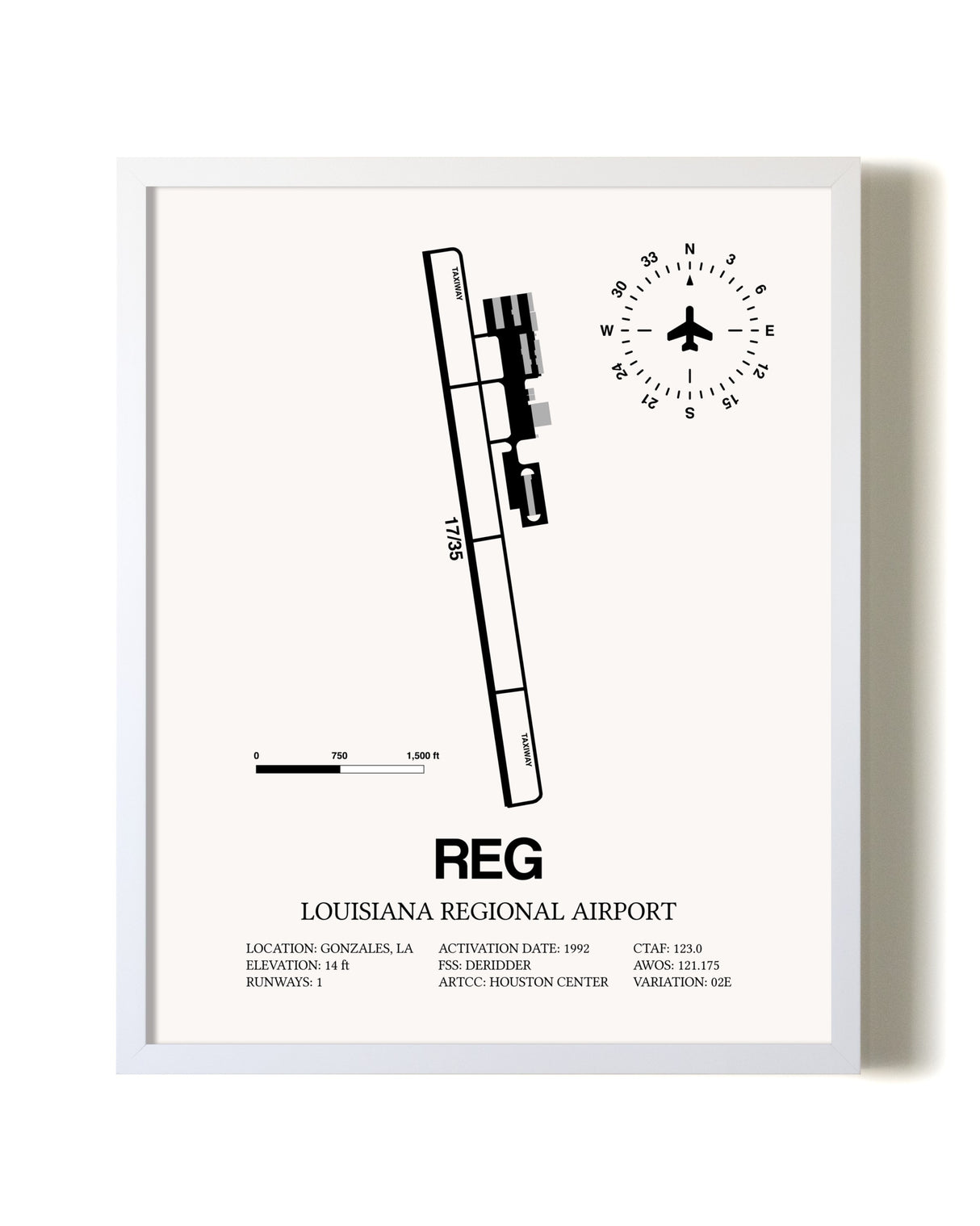 Louisiana Regional Airport airport map poster in oak frame