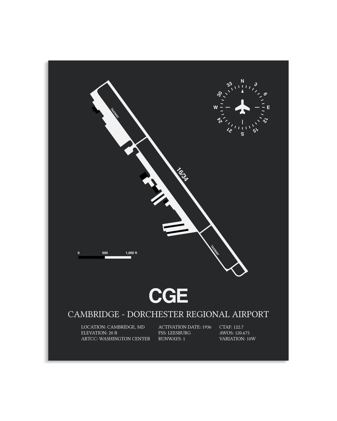 Gray Framed Cambridge-Dorchester Regional Airport layout wall art poster