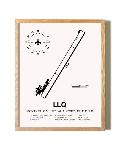 Monticello Municipal Airport / Ellis Field framed print in natural wood frame