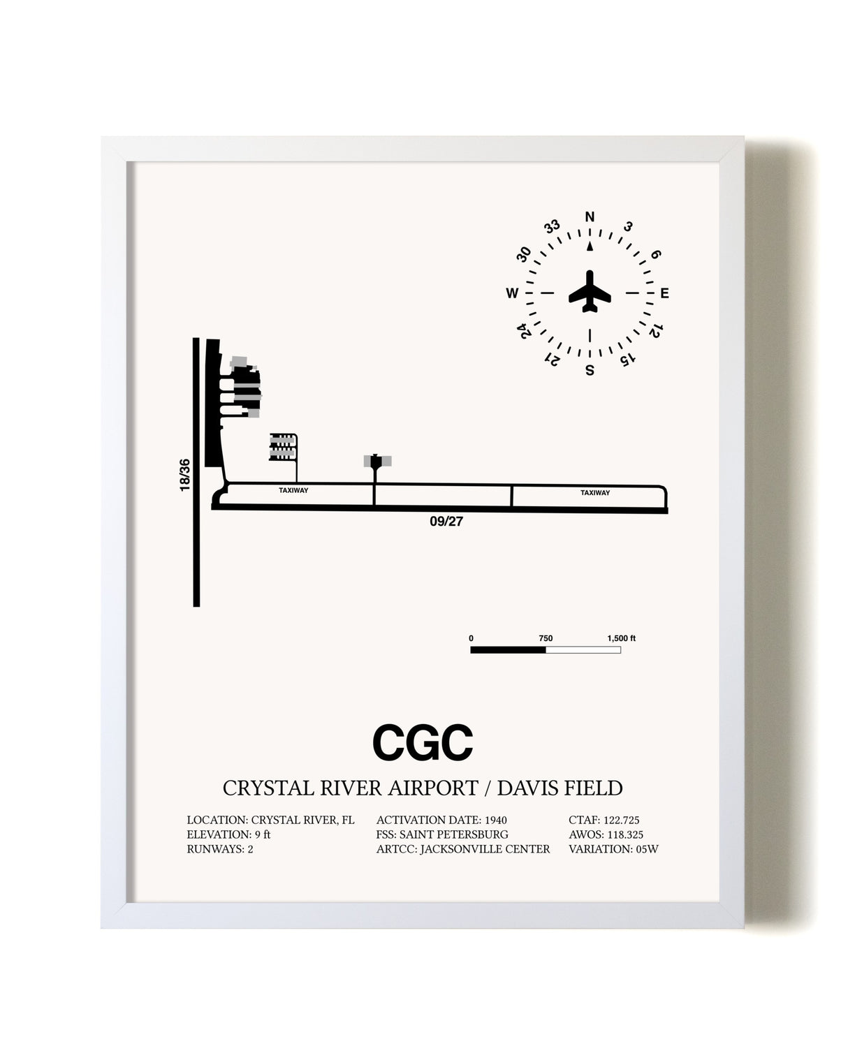 Crystal River Airport / Davis Field airport map poster in oak frame
