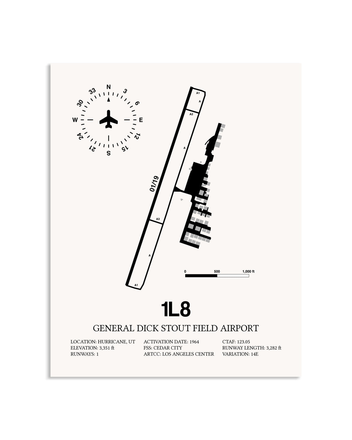 Gray General Dick Stout Field Airport framed poster displayed in an airplane hangar