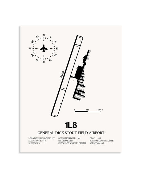 Gray General Dick Stout Field Airport framed poster displayed in an airplane hangar