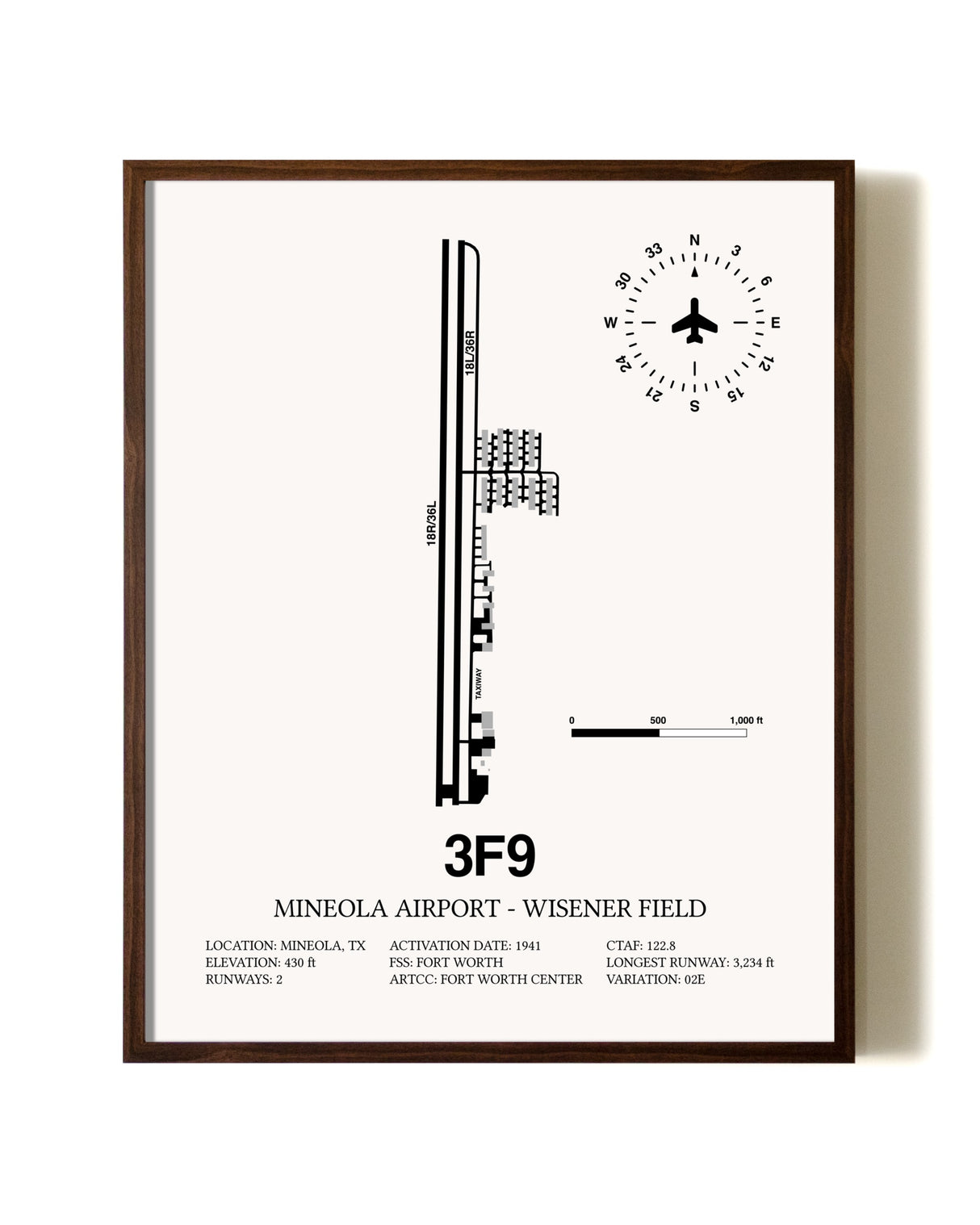 Mineola Airport - Wisener Field aviation print in walnut frame