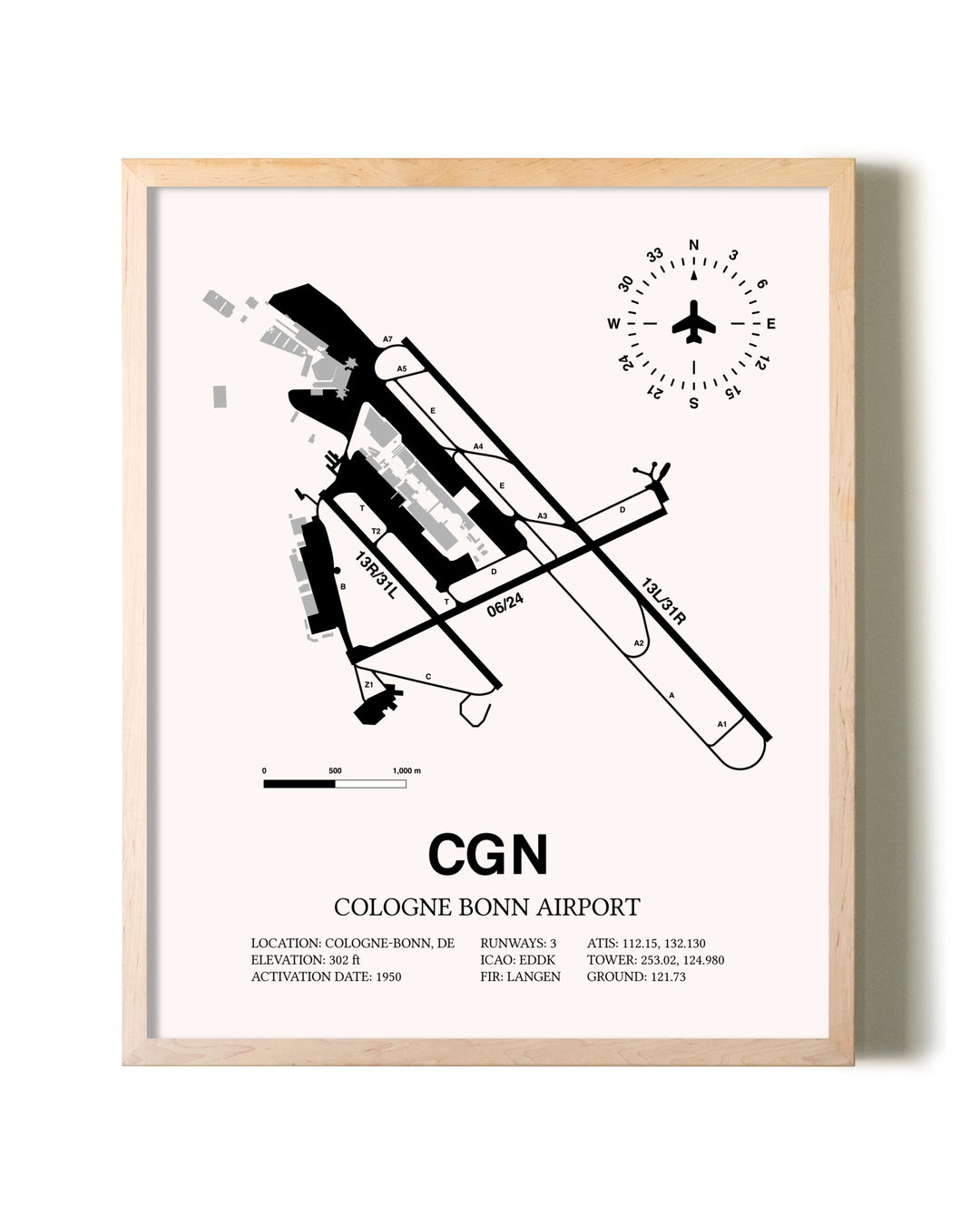 Cologne Bonn Airport framed wall art in white frame