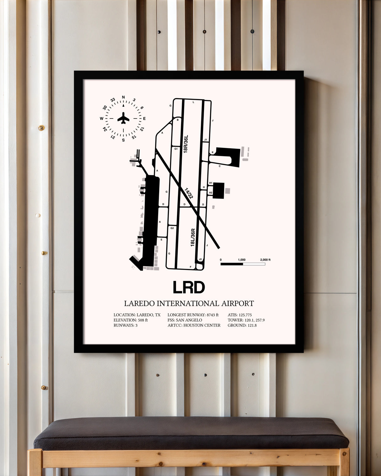 Laredo International Airport framed poster displayed in an airplane hangar