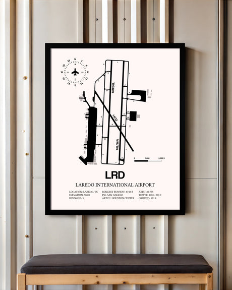 Laredo International Airport framed poster displayed in an airplane hangar