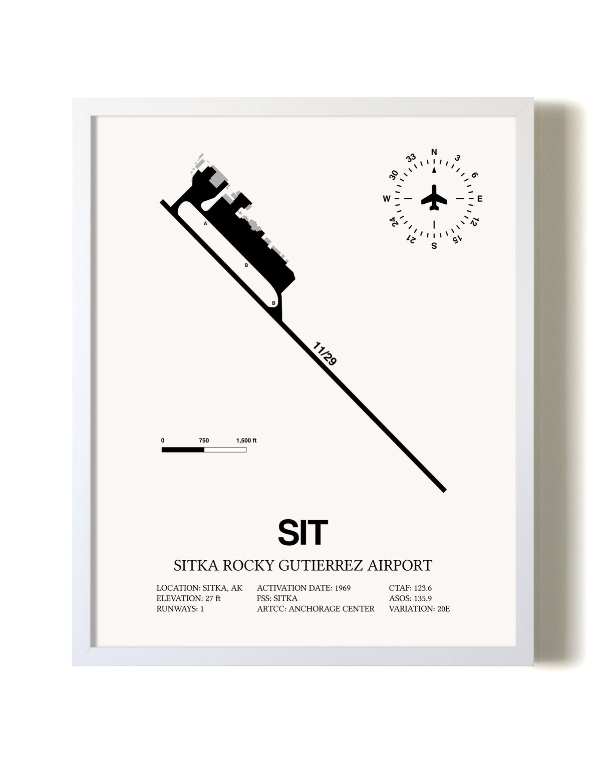 Sitka Rocky Gutierrez Airport airport map poster in oak frame