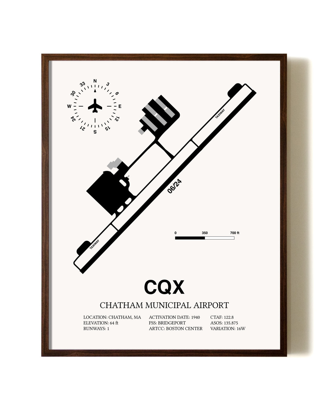 Chatham Municipal Airport aviation print in walnut frame