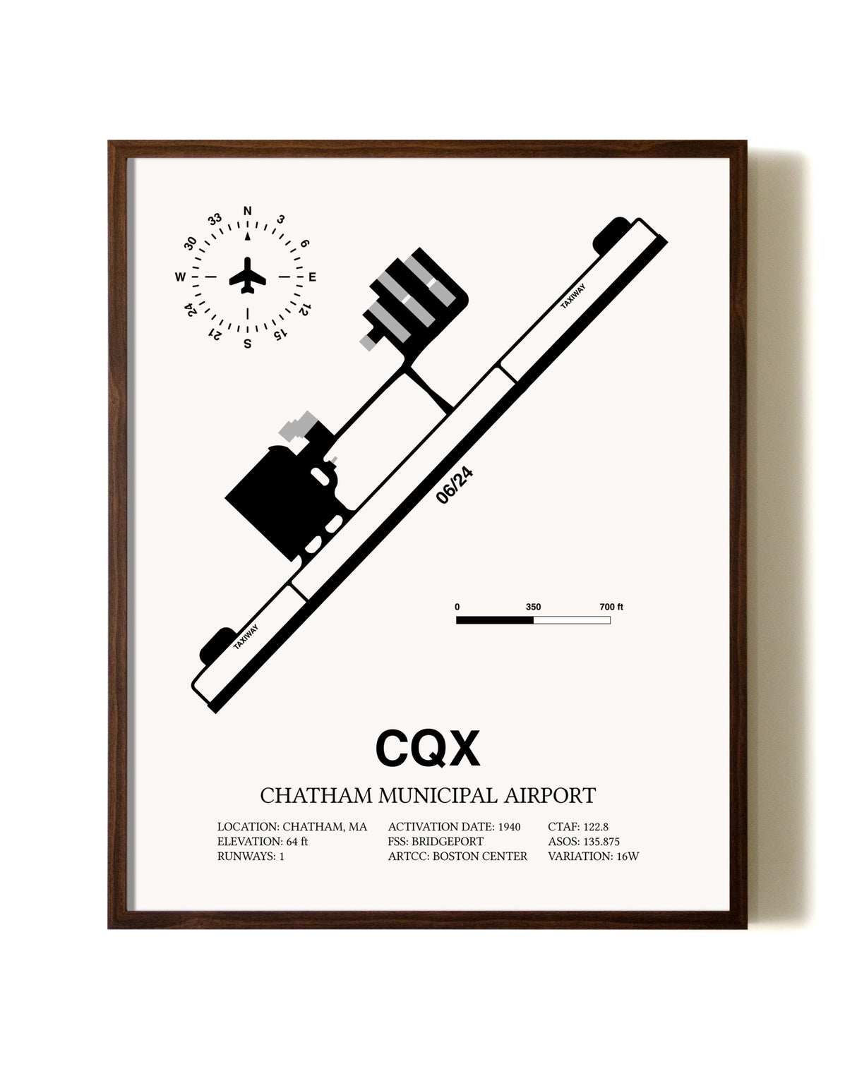 Chatham Municipal Airport aviation print in walnut frame