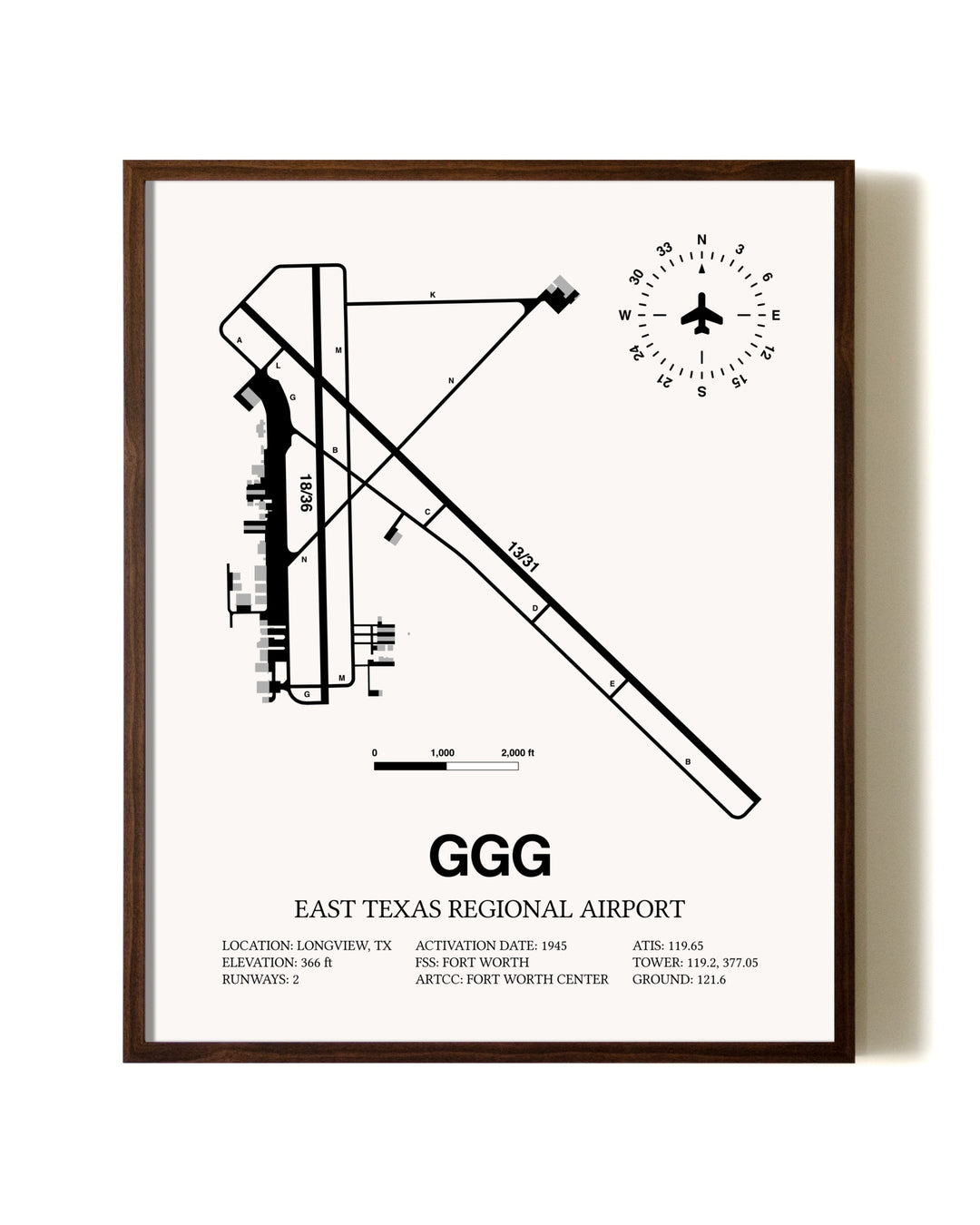 East Texas Regional Airport aviation print in walnut frame