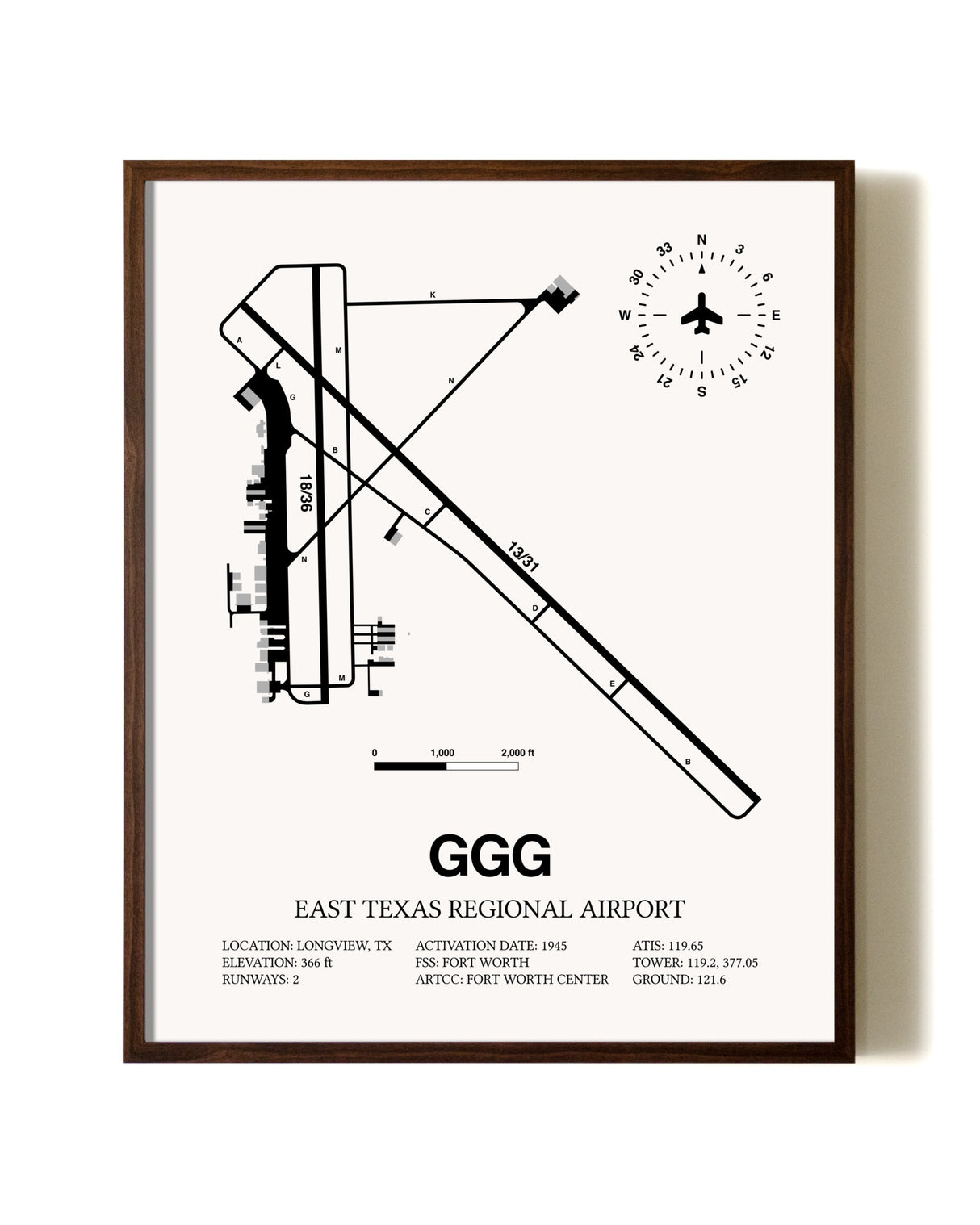 East Texas Regional Airport aviation print in walnut frame