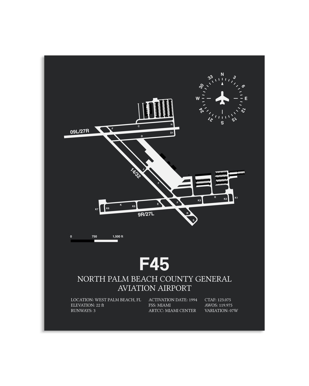 Gray Framed North Palm Beach County General Aviation Airport layout wall art poster