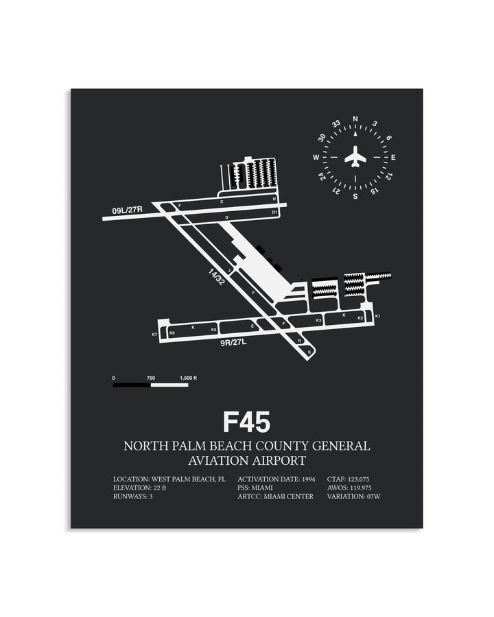 Gray Framed North Palm Beach County General Aviation Airport layout wall art poster