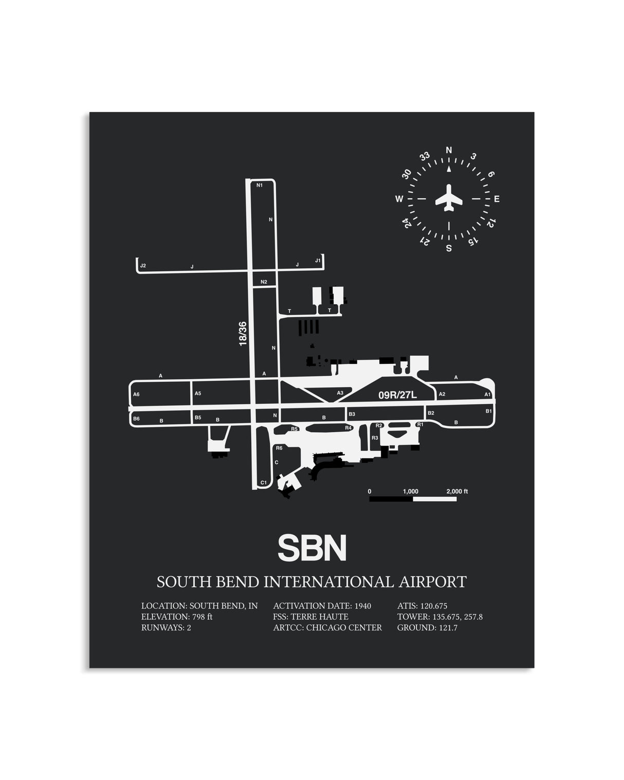 Gray Framed South Bend International Airport layout wall art poster