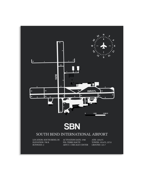 Gray Framed South Bend International Airport layout wall art poster