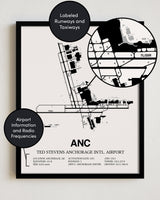 Framed Detailed Airport Map of Ted Stevens Anchorage International Airport (ANC) in White with a Black Frame