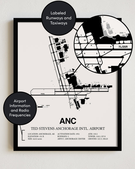 Framed Detailed Airport Map of Ted Stevens Anchorage International Airport (ANC) in White with a Black Frame