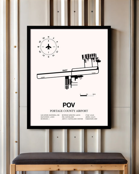 Portage County Airport framed poster displayed in an airplane hangar