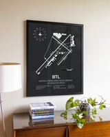 Gray Framed Battle Creek Executive Airport At Kellogg Field wall art poster in black frame