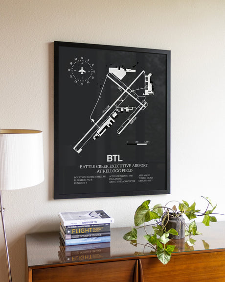 Gray Framed Battle Creek Executive Airport At Kellogg Field wall art poster in black frame