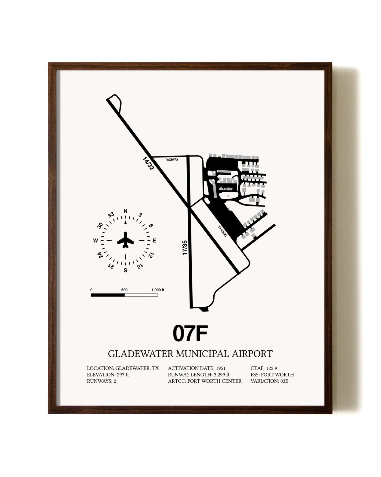 Gladewater Municipal Airport aviation print in walnut frame