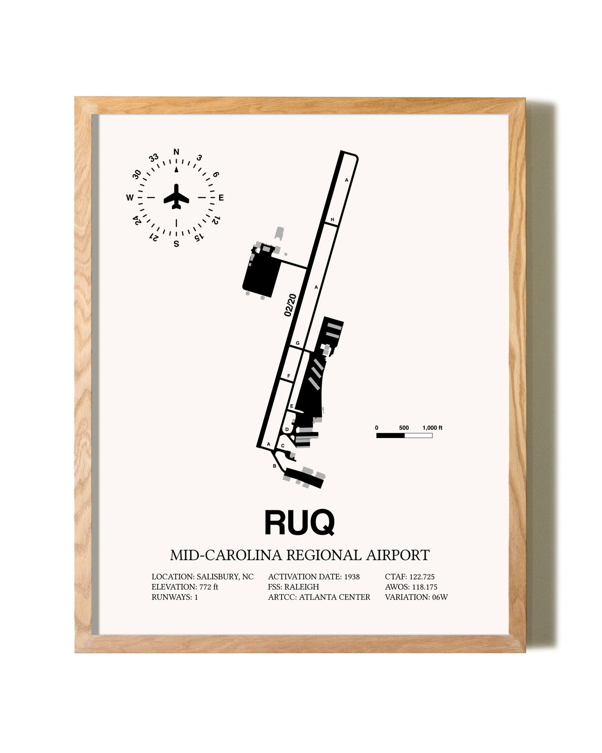 Mid-Carolina Regional Airport framed print in natural wood frame