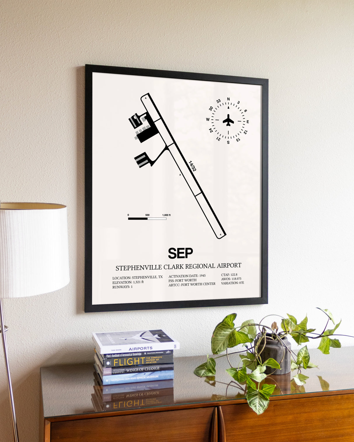 Stephenville Clark Regional Airport aviation wall décor in black wood frame