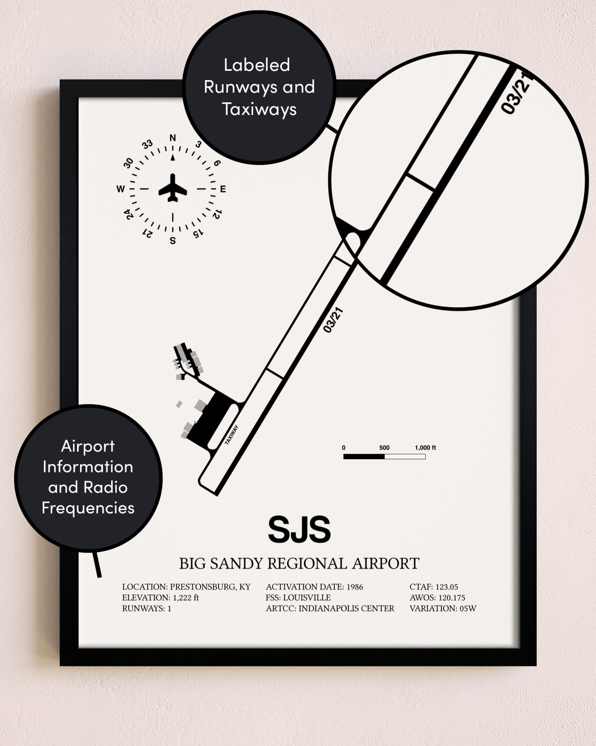 Framed Big Sandy Regional Airport layout wall art poster
