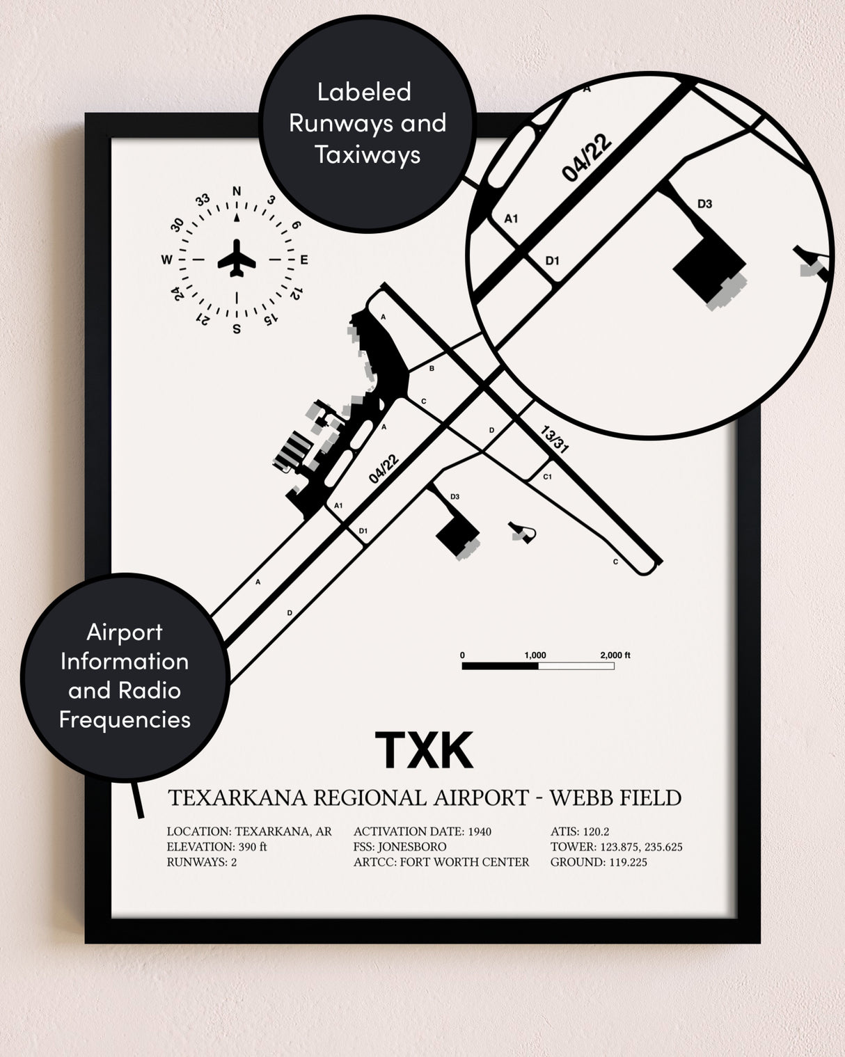 Framed Texarkana Regional Airport-Webb Field layout wall art poster